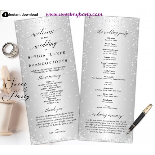 Silver Diamonds Wedding Programs tea length,Silver Wedding Program template,(015w)